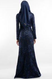 Evening Dresses - Navy Blue Hijab Dress 3921L - Thumbnail