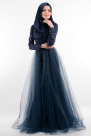 Evening Dresses - Navy Blue Hijab Dress 3921L - Thumbnail