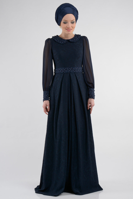 Evening Dresses - Navy Blue Hijab Dress 3931L