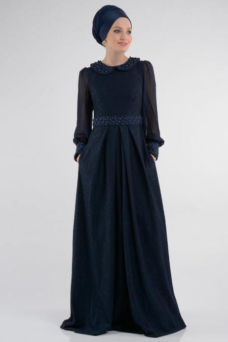 Evening Dresses - Navy Blue Hijab Dress 3931L - 2