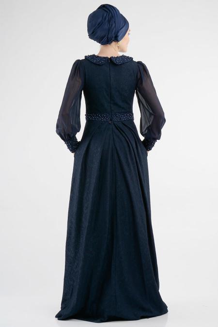 Evening Dresses - Navy Blue Hijab Dress 3931L - 3