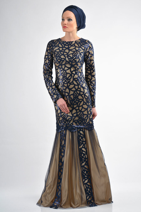 Evening Dresses - Navy Blue Hijab Dress 4120L