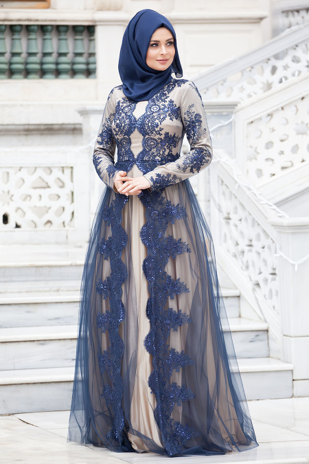 Evening Dresses - Navy Blue Hijab Dress 4152L