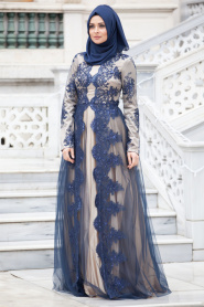 Evening Dresses - Navy Blue Hijab Dress 4152L - Thumbnail