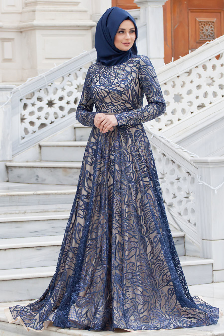 Evening Dresses - Navy Blue Hijab Dress 4218L