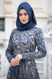 Evening Dresses - Navy Blue Hijab Dress 4218L - Thumbnail