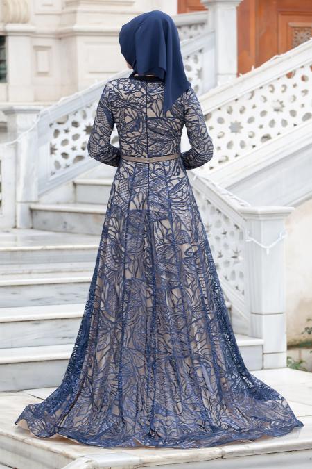 Evening Dresses - Navy Blue Hijab Dress 4218L - 4