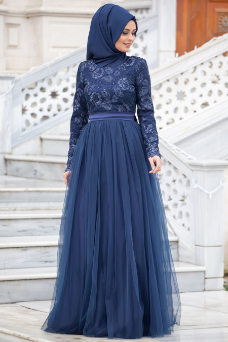 Evening Dresses - Navy Blue Hijab Dress 4283L