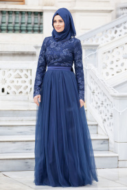 Evening Dresses - Navy Blue Hijab Dress 4283L - Thumbnail