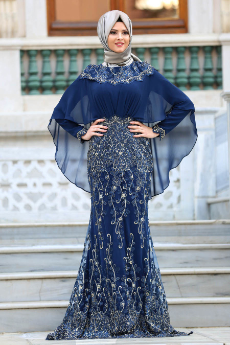 Evening Dresses - Navy Blue Hijab Dress 4417L