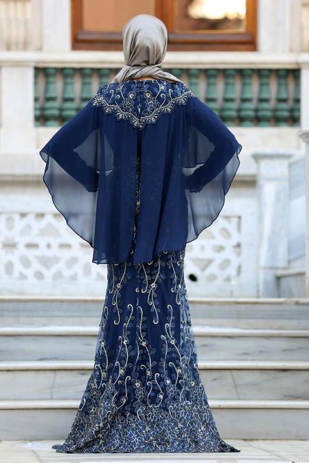 Evening Dresses - Navy Blue Hijab Dress 4417L - 2