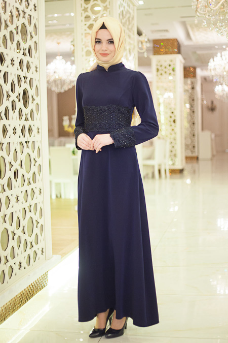 Evening Dresses - Navy Blue Hijab Dress 5351L