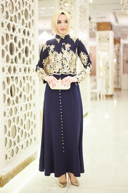 Evening Dresses - Navy Blue Hijab Dress 5355L