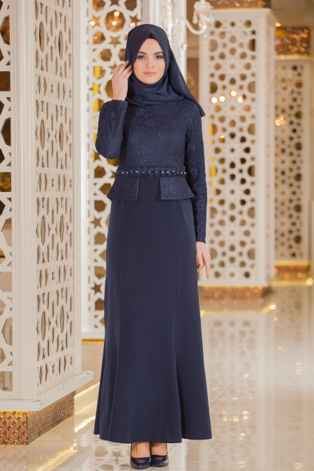 Evening Dresses - Navy Blue Hijab Dress 5360L