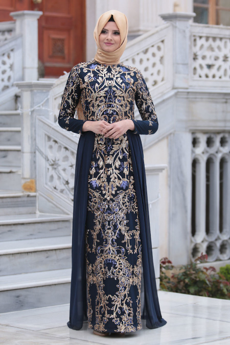 Evening Dresses - Navy Blue Hijab Dress 6320L
