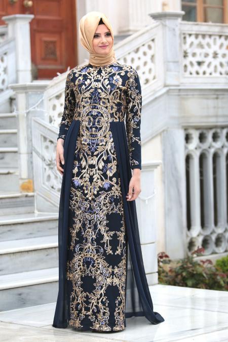 Evening Dresses - Navy Blue Hijab Dress 6320L - 2
