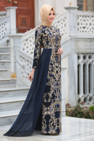 Evening Dresses - Navy Blue Hijab Dress 6320L - Thumbnail