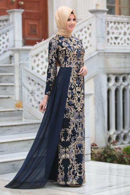 Evening Dresses - Navy Blue Hijab Dress 6320L - 3