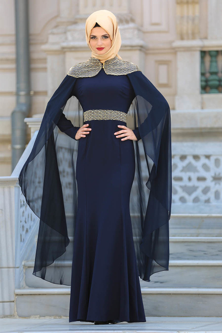Evening Dresses - Navy Blue Hijab Dress 63611L