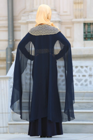Evening Dresses - Navy Blue Hijab Dress 63611L - Thumbnail