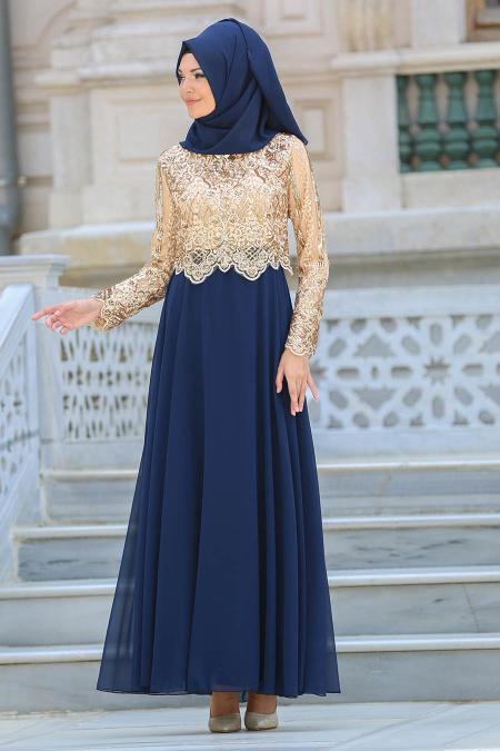 Evening Dresses - Navy Blue Hijab Dress 6379L - 1