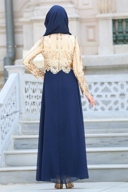 Evening Dresses - Navy Blue Hijab Dress 6379L - 3