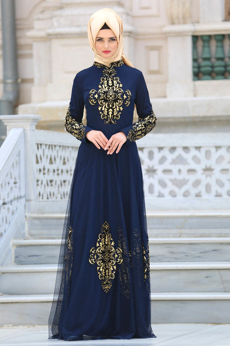 Evening Dresses - Navy Blue Hijab Dress 6387L
