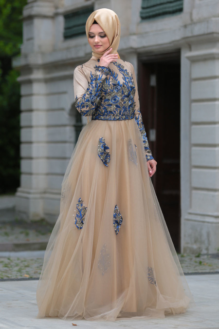 Evening Dresses - Navy Blue Hijab Dress 7501L