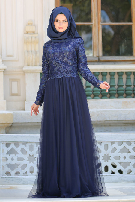 Evening Dresses - Navy Blue Hijab Dress 7554L