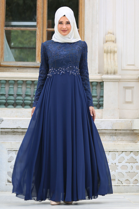 Evening Dresses - Navy Blue Hijab Dress 7558L