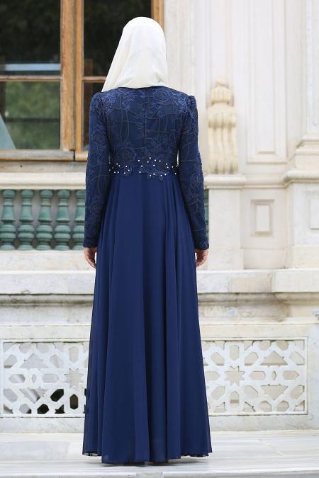 Evening Dresses - Navy Blue Hijab Dress 7558L - 3