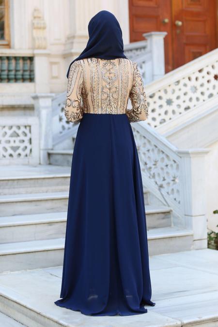 Evening Dresses - Navy Blue Hijab Dress 7567L - 3