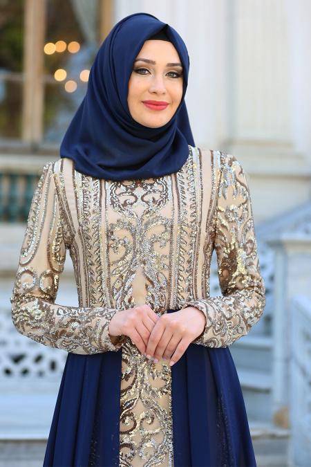 Evening Dresses - Navy Blue Hijab Dress 7567L - 2