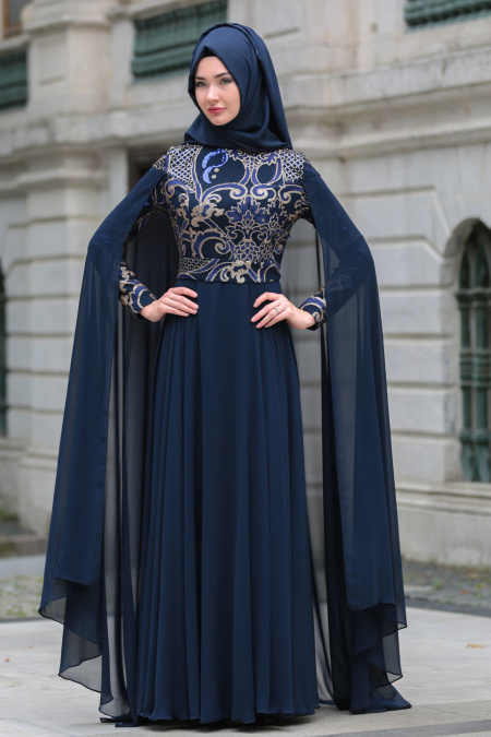 Evening Dresses - Navy Blue Hijab Dress 7615L