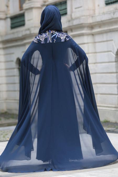 Evening Dresses - Navy Blue Hijab Dress 7615L - 2
