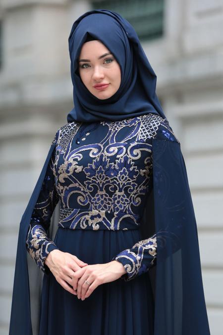 Evening Dresses - Navy Blue Hijab Dress 7615L - 3