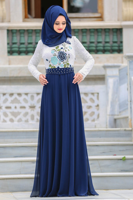 Evening Dresses - Navy Blue Hijab Dress 7628L