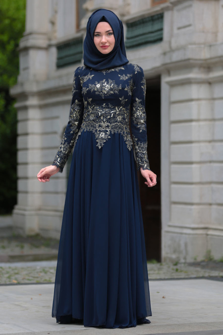 Evening Dresses - Navy Blue Hijab Dress 7636L