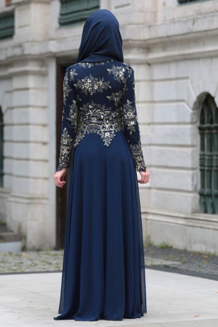 Evening Dresses - Navy Blue Hijab Dress 7636L - 2