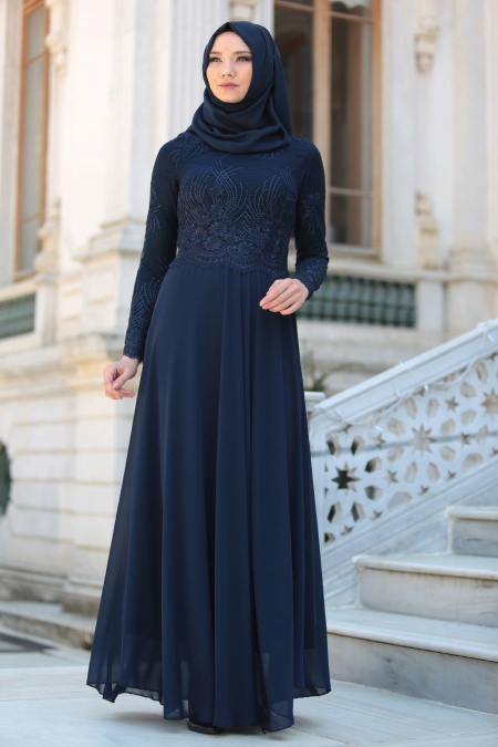 Evening Dresses - Navy Blue Hijab Dress 76460L