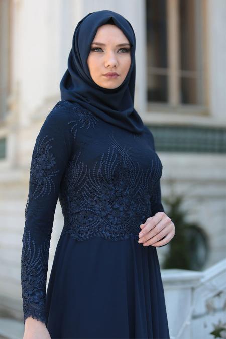 Evening Dresses - Navy Blue Hijab Dress 76460L - 2