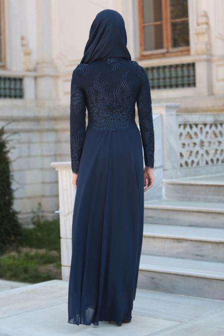 Evening Dresses - Navy Blue Hijab Dress 76460L - 3