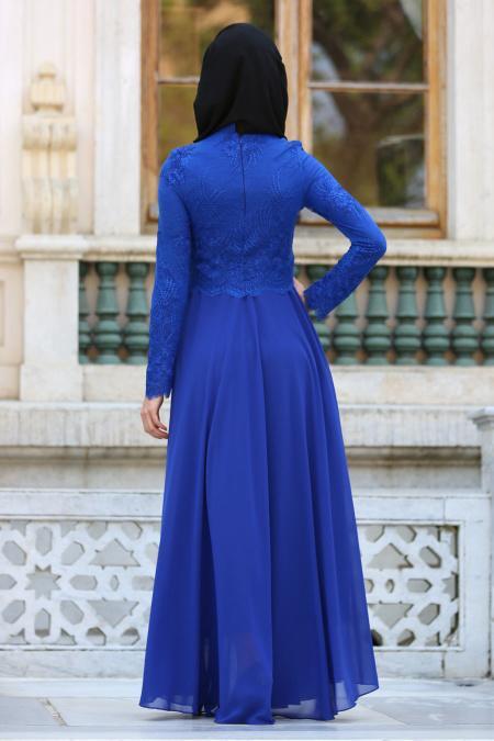 Evening Dresses - Navy Blue Hijab Dress 76460SX - 3