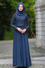 Evening Dresses - Navy Blue Hijab Dress 76463L - Thumbnail