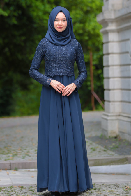 Evening Dresses - Navy Blue Hijab Dress 76463L