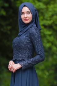 Evening Dresses - Navy Blue Hijab Dress 76463L - Thumbnail