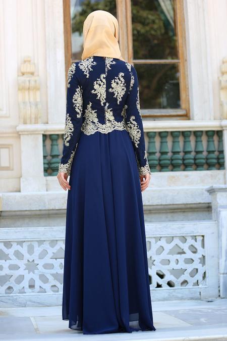 Evening Dresses - Navy Blue Hijab Dress 76465L - 2