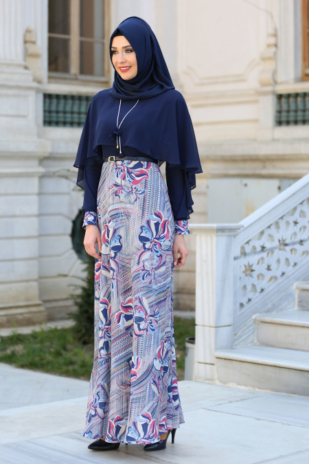 Evening Dresses - Navy Blue Hijab Dress 7648L