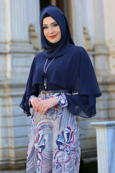 Evening Dresses - Navy Blue Hijab Dress 7648L - 2