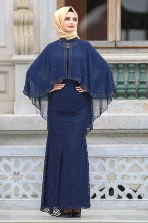 Evening Dresses - Navy Blue Hijab Dress 7658L - 1